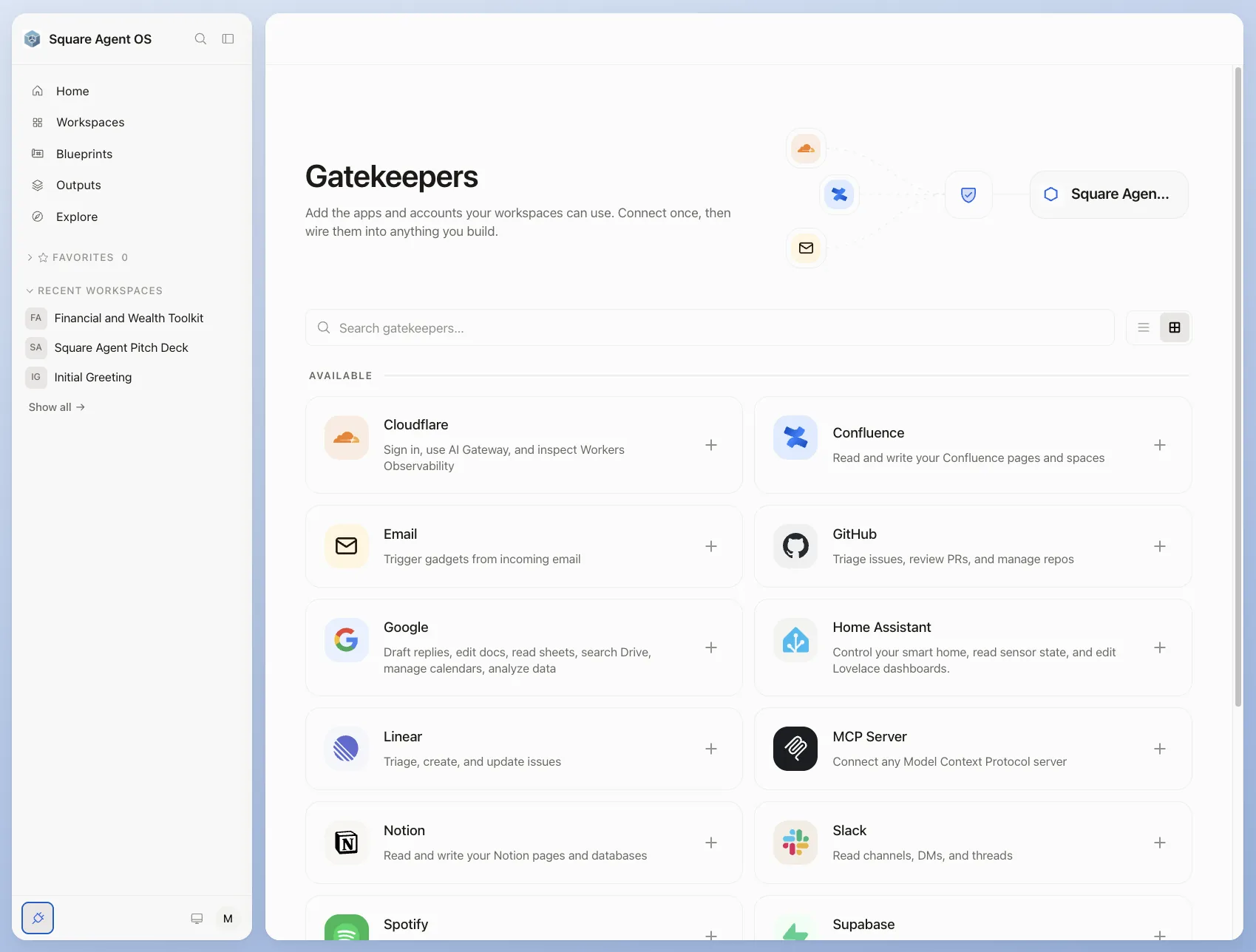 Square Agent AI OS connector catalogue showing approved company tools