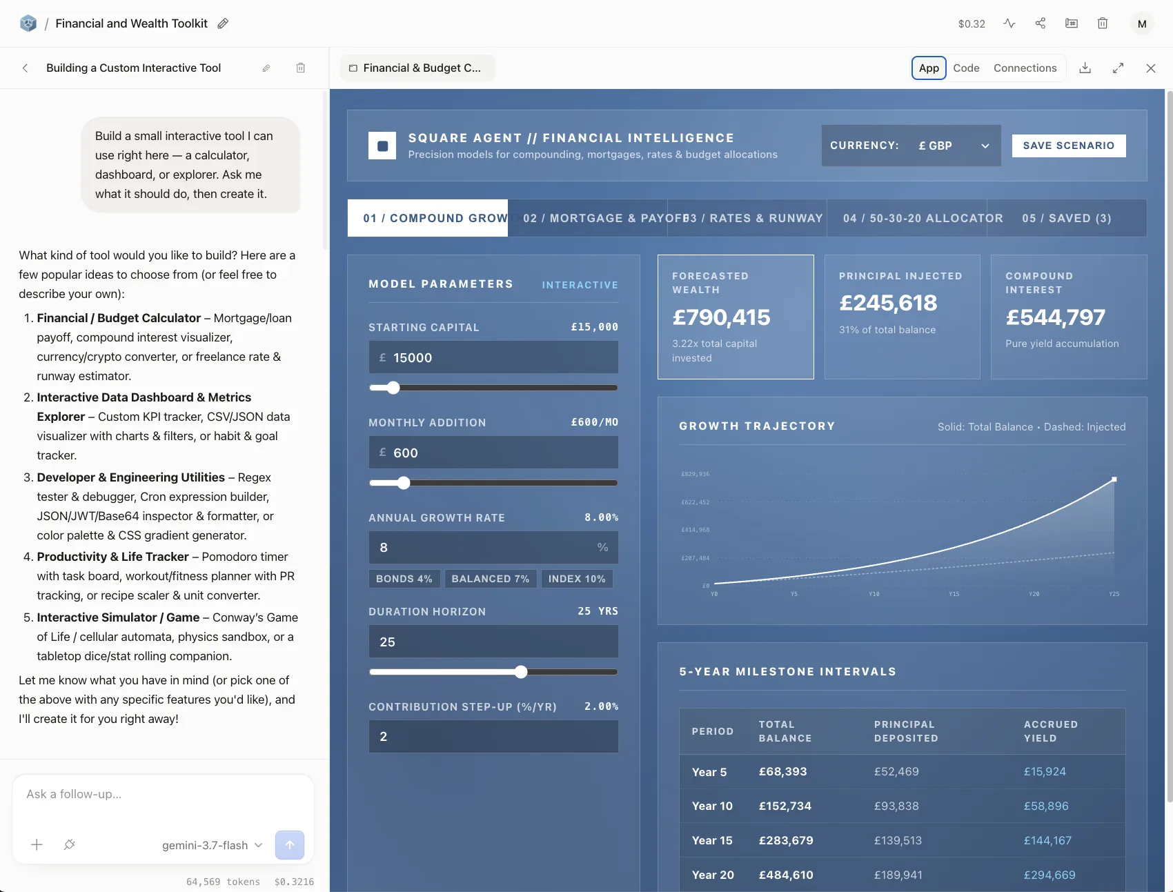 An interactive financial planning tool running inside Square Agent AI OS