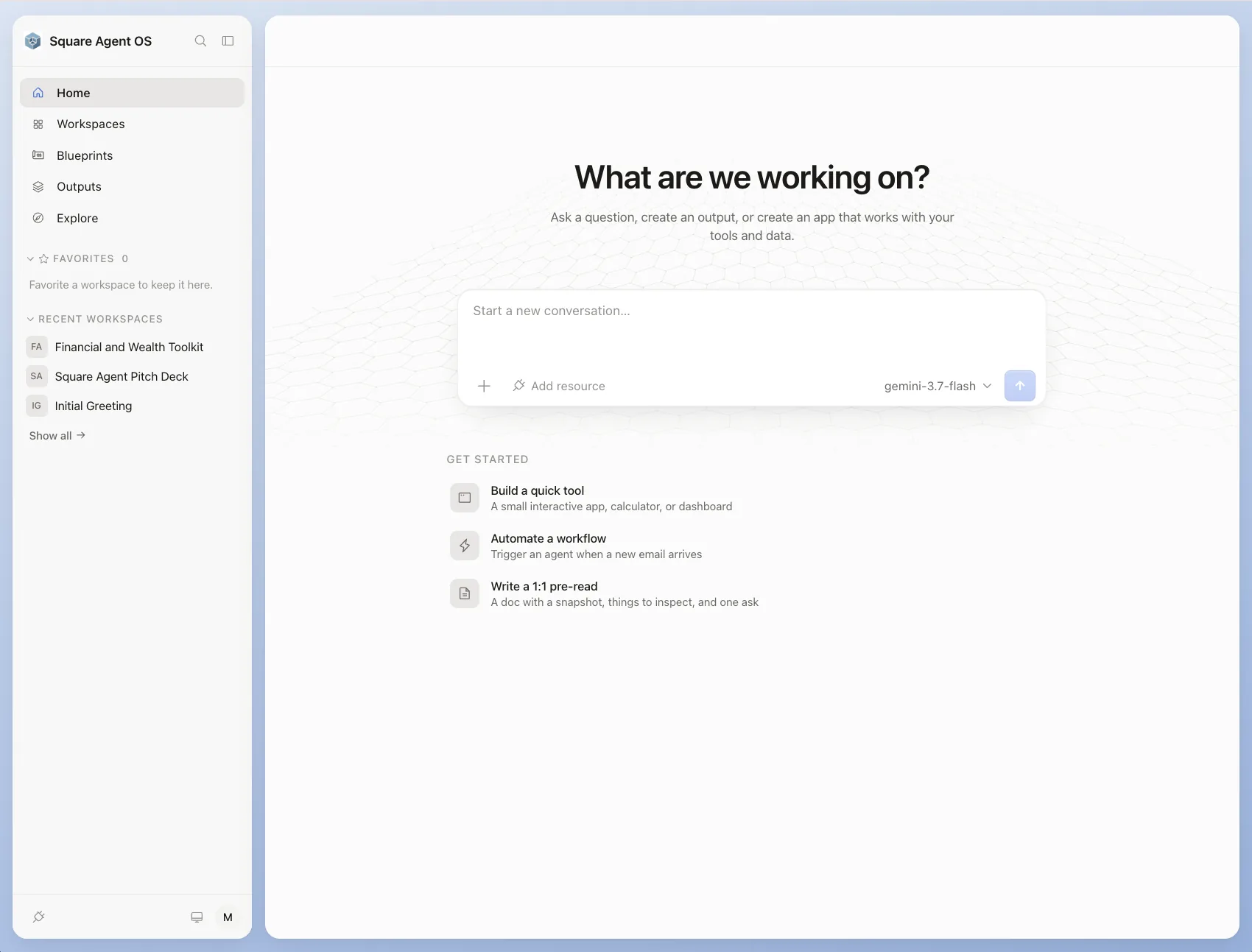 Square Agent AI OS home screen with workspace navigation and a prompt composer